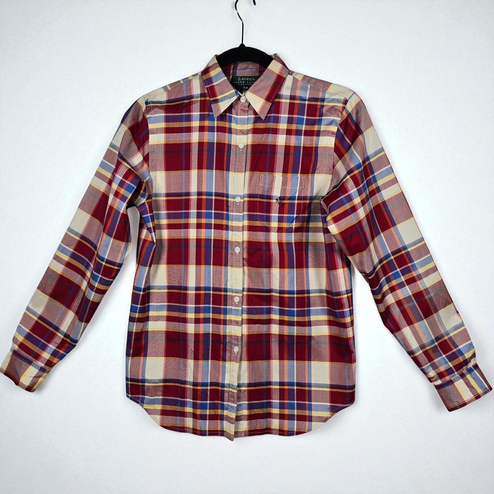 Lauren Ralph Lauren Woman Petite‎ Shirt 100% Silk Plaid Button Up Classic Style